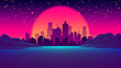 © tashatuvango - Retro Future of the 80s 1980s Retro Futuristic Background Style. Road to the City at Sunset in the Style of the 1980s. Digital Retro Cityscape Sci-Fi Summer Landscape. Digital Landscape in Cyber World