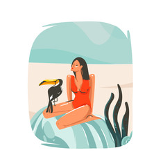 Sticker - Hand drawn vector abstract cartoon summer time graphic illustrations template sign background with girl,relaxing on beach scene and tropical bird isolated on white background