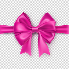 Wall Mural - Pink gift bow from satin tape isolated on transparent background. Realistic decoration for romantic holidays presents. Valenyine's realistic object from shiny silk vector illustration.