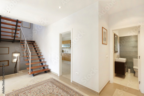 Fotografía Apartment entrance hall with wooden staircase access to upper floor, design, fur