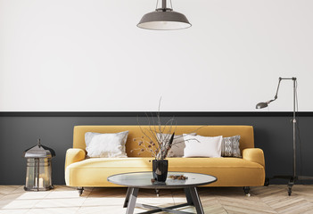 Modern yellow sofa in trendy design. Stylish grey living room with wooden black coffee table. Retro floor and ceiling lighting. Template