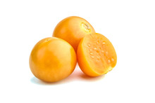 Goldenberries, Physalis Peruviana Ripe Fruit, Half And Whole Smooth Berries Isolated On A White Background