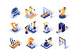 © alexdndz - Robotization industry isometric icons set. Automatic equipment, production line manufacturer factory. Robotic arms for conveyor line 3d vector isometry. Programming welding and manipulating robots
