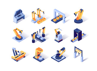 Aufkleber - Robotization industry isometric icons set. Automatic equipment, production line manufacturer factory. Robotic arms for conveyor line 3d vector isometry. Programming welding and manipulating robots
