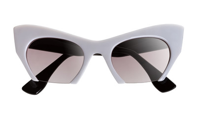 Wall Mural - Stylish women's sunglasses with a white plastic frame isolated on a white background. Front view.