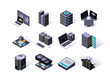 Data center isometric icons set. Servers equipment, mining station, super computer and network routers. Computer technology, cloud network and database platform, hosting service 3d vector isometry.