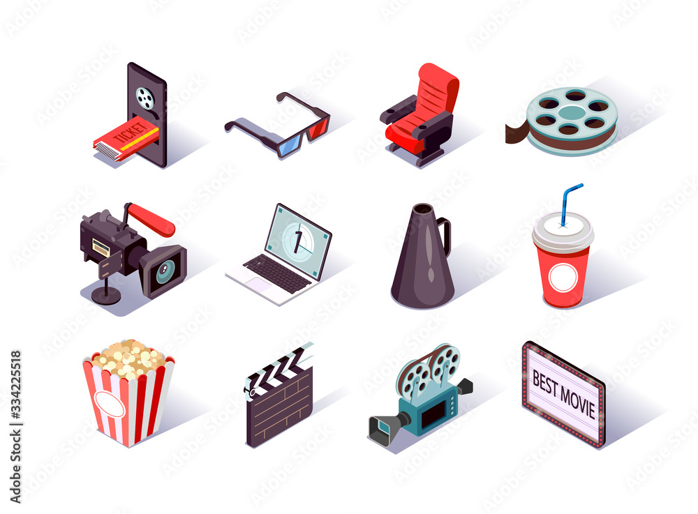 Movie production isometric icons set. Filmmaking industry, video camera, clap board, cinema strip and megaphone. Cinema entertainment, popcorn, online ticket, soda and 3d glasses 3d vector isometry. - obrazy, fototapety, plakaty 