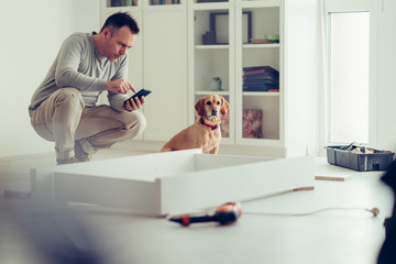 Wall Mural - Man using a mobile phone while making furniture with his dog.