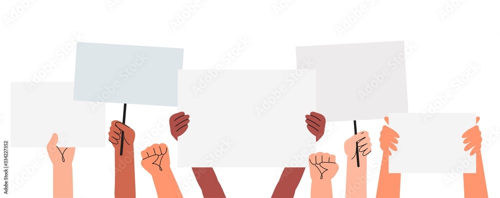 Vector illustration of people holding signs, banner and placards on a protest demostration or picket. People against violence, pollution, descrimination, human rights violation. - obrazy, fototapety, plakaty 