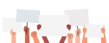 Vector Illustration Of People Holding Signs, Banner And Placards On A Protest Demostration Or Picket. People Against Violence, Pollution, Descrimination, Human Rights Violation.