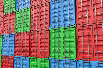 Poster - 3d rendering of multiple red, blue and green closed shipping containers stacked on one another.
