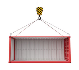 Poster - 3d rendering of crane lifting empty red shipping container isolated on white background