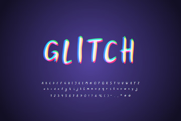 Leinwandbilder - Digital glitch Alphabet white multicolor on dark background. Modern lettering font with stereo color effect. Uppercase and lowercase letters, numbers, marks. Vector illustration