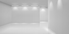 Art Gallery Empty 3d Room With White Walls, Floor And Illumination Lamps. Museum Interior Passages With Lights For Pictures Presentation, Photography Contest Exhibition Hall, Realistic Vector Mock Up