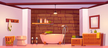 Bathroom In Rustic House With Bath, Sink, Toilet Bowl And Wooden Furniture. Vector Cartoon Interior Of Washroom With Brick Wall, Towels, Mirror And Cosmetic Bottles On Shelf