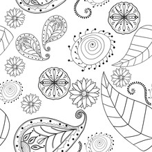 Seamless And Tile Able Hand Drawn Floral Ornament Pattern On White Background. Leafs, Flowers And Abstract Shapes Drawings.