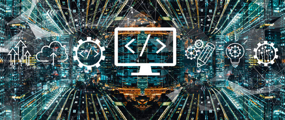 Web development concept with abstract Tokyo night cityscape