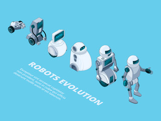 Poster - Robots evolution. Androids digital metal characters isometric robotic development vector. Robot future progress, evolution futuristic computer illustration