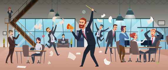 Poster - Angry boss. Businessman screaming in office chaos deadline stress managers working and running vector concept background. Businessman angry, man boss burnout, stress employee illustration