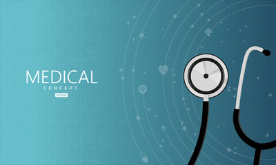 stethoscope and medical icons. medical concept. blue color with abstract halftone pattern background