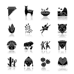 Canvas Print - Peru drop shadow black glyph icons set. Peruvian sights, culture, nature, cuisine. Alpaca, guinea pig, siku, poncho, cherimoya, ceviche, jaguar. Isolated vector illustrations on white space