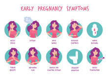 Pregnancy Symptoms. Woman Morning Sickness Mood Health Vomit Cramps Vector Pictures Of Cartoon Symptoms Vomiting And Abdominal Pain, Nausea Syndrome, Stomachache And Mood Swings Illustration
