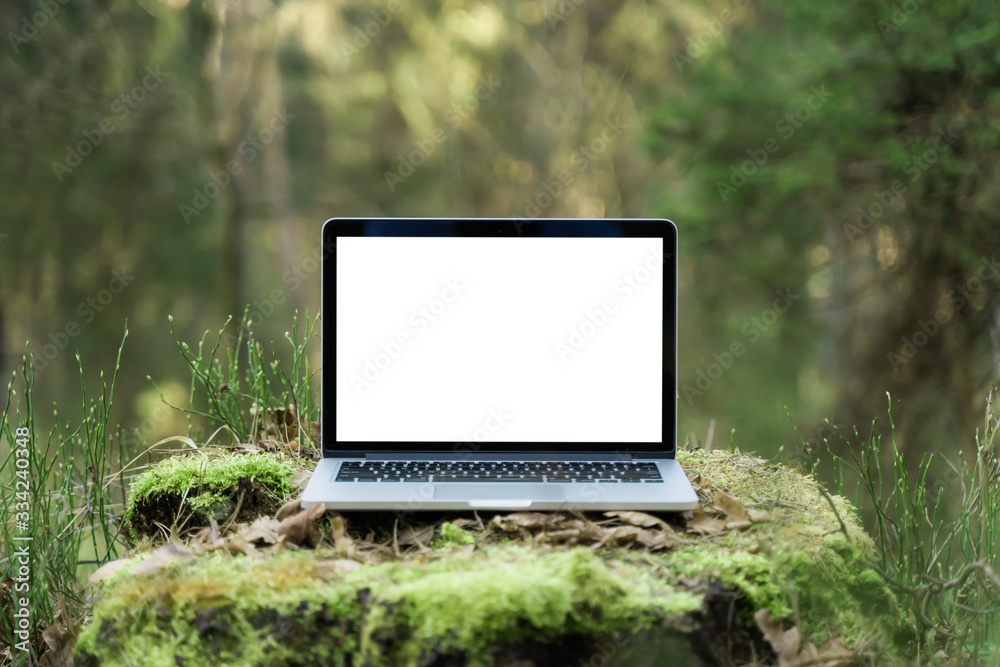 Laptop outside concept. Empty copy space, blank screen mockup. Soft ...