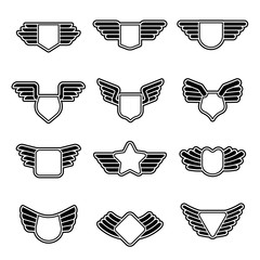 Poster - Wings badges. Stylized geometrical army shields empty aviation emblems with symbols of wings vector corporate insignia. Aviation badge logotype, geometric emblem illustration with wings