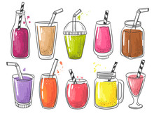 Summer Smoothie. Fruits Cold Healthy Drinks Vitamin Juice Vector Shake Illustration. Smoothie Shake Drink, Cocktail Fruit Summer