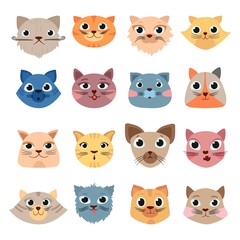 Wall Mural - Cats heads. Cute funny domestic animals colored heads happy faces expressive emotions vector set. Cat animal, pet funny set face illustration