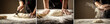 Beautiful and strong men's hands knead the dough from which they will then make bread, pasta or pizza. A cloud of flour flies around like dust. Food concept. diverse set. background image