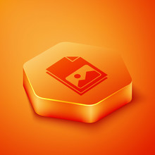 Isometric Picture Landscape Icon Isolated On Orange Background. Orange Hexagon Button. Vector Illustration