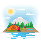 Fototapeta  - Sunny day landscape Background for summer camp nature tourism camping or Hiking web design concept girl sitting next to a tent and a tent flat vector illustration