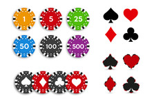 Suit Deck Of Playing Cards And Set Poker Chips Isolated On White Background. Vector Illustration.