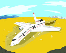 A Passenger Plane Crashed On The Ground In Field. Vector Illustration