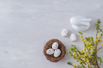 Wall Mural - flat lay easter composition with a willow branch and eggs on a gray background