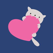 Funny Nursery Art With Cute Cat Biting A Pink Heart Isolated On A Dark Blue Background. Sweet Infantile Style Vector Print Ideal For Poster, Wall Art, Valentine's Day Card.
