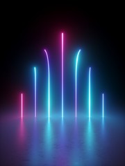 Wall Mural - 3d render, abstract vertical neon lines glowing in the dark. laser rays virtual performance on the s