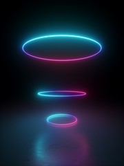 Wall Mural - 3d render, abstract geometric background with multiple rings over black, glowing lines, neon light g