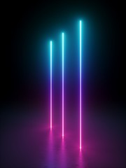 Wall Mural - 3d render, abstract background with bright neon light. Pink blue violet vertical glowing lines. Laser rays in the dark. Futuristic minimal geometric design. Ultraviolet spectrum.
