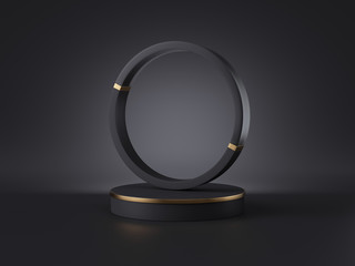 Poster - 3d render, abstract black gold minimalist background. empty cylinder podium, round frame, vacant pla