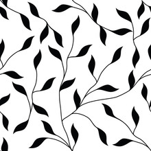 Black Leaves And Vines On White Seamless Repeating Vector Pattern
