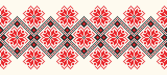 Poster - embroidered good like old handmade cross-stitch ethnic Ukraine pattern. Ukrainian towel with ornament