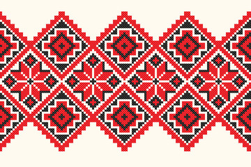 Poster - embroidered good like old handmade cross-stitch ethnic Ukraine pattern. Ukrainian towel with ornament