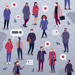 © nadzeya26 - life during coronavirus. Vector illustration of large multiethnic group of people in casual clothes and medical masks walking down the street with thoughts of covid-19. Isolated on background