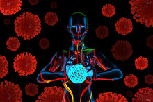 Woman Healer Prays Against Coronavirus Wuhan, China COVID-19 Molecules Flying Around. Epidemic Virus Infection And The Risk Of Life. Care Of Health. Faith Meditation Healer Concept 3D Illustration