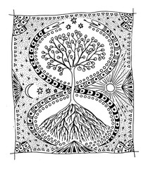 Tree of life, crown and roots, Sun, moon, two snakes in the form of a figure eight. Graphic drawing - black  and white picture. Mystical graphics of gel pens. Pixel graphics.