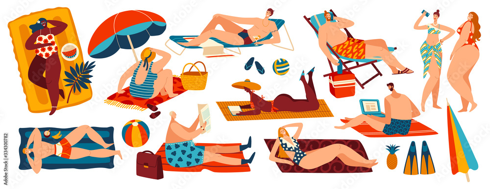 People relaxing on beach, set of body positive cartoon character isolated on white, vector illustration. Different men and women suntanning, summer leisure vacation, sunbathing people recreation beach - obrazy, fototapety, plakaty 
