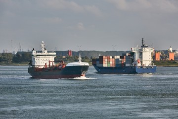 Wall Mural - Industrial cargo ship trafic in the Port of Rotterdam on the Nieuwe Waterweg