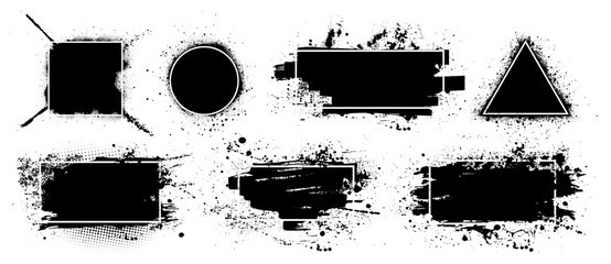 Fototapete - Dirty artistic design elements boxes with frames for text, logo, back element. Vector splashes grunge with frame, isolated on white background. Set of black paint, ink brush strokes, brushes, lines